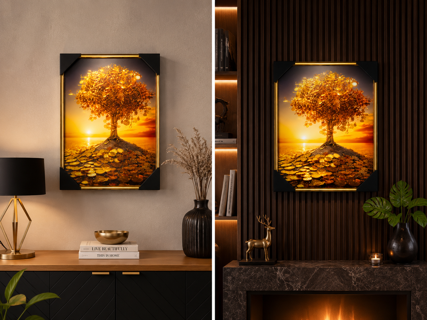 acum creaza-mi 2 fotografii diferite cu acest tablou pe perete, dar schimba decoratiunile casei/peretelui