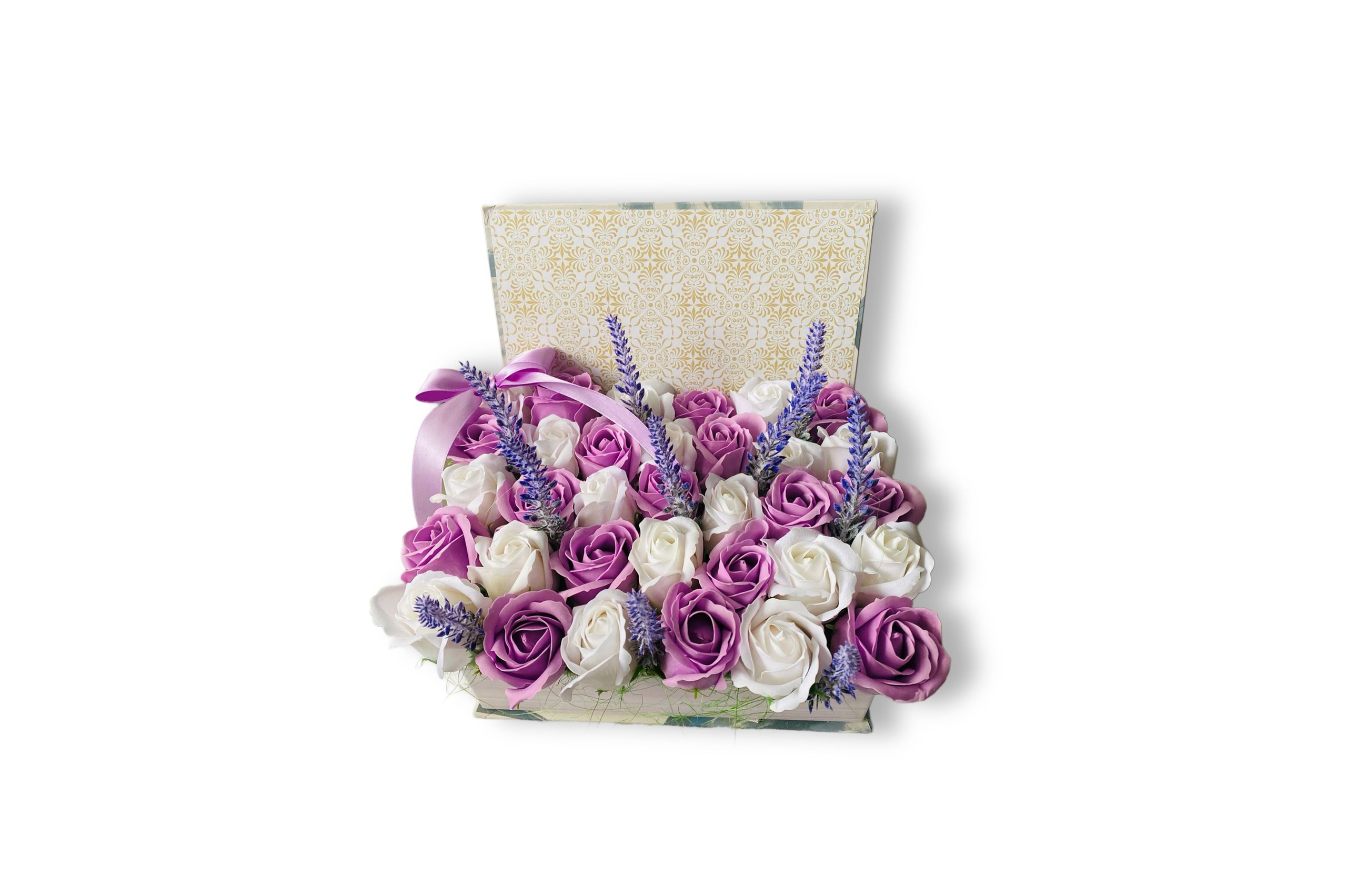 Cartea cu Trandafiri si Lavanda – "Back to School" Aranjament Floral Mov si Alb - 31Flowers