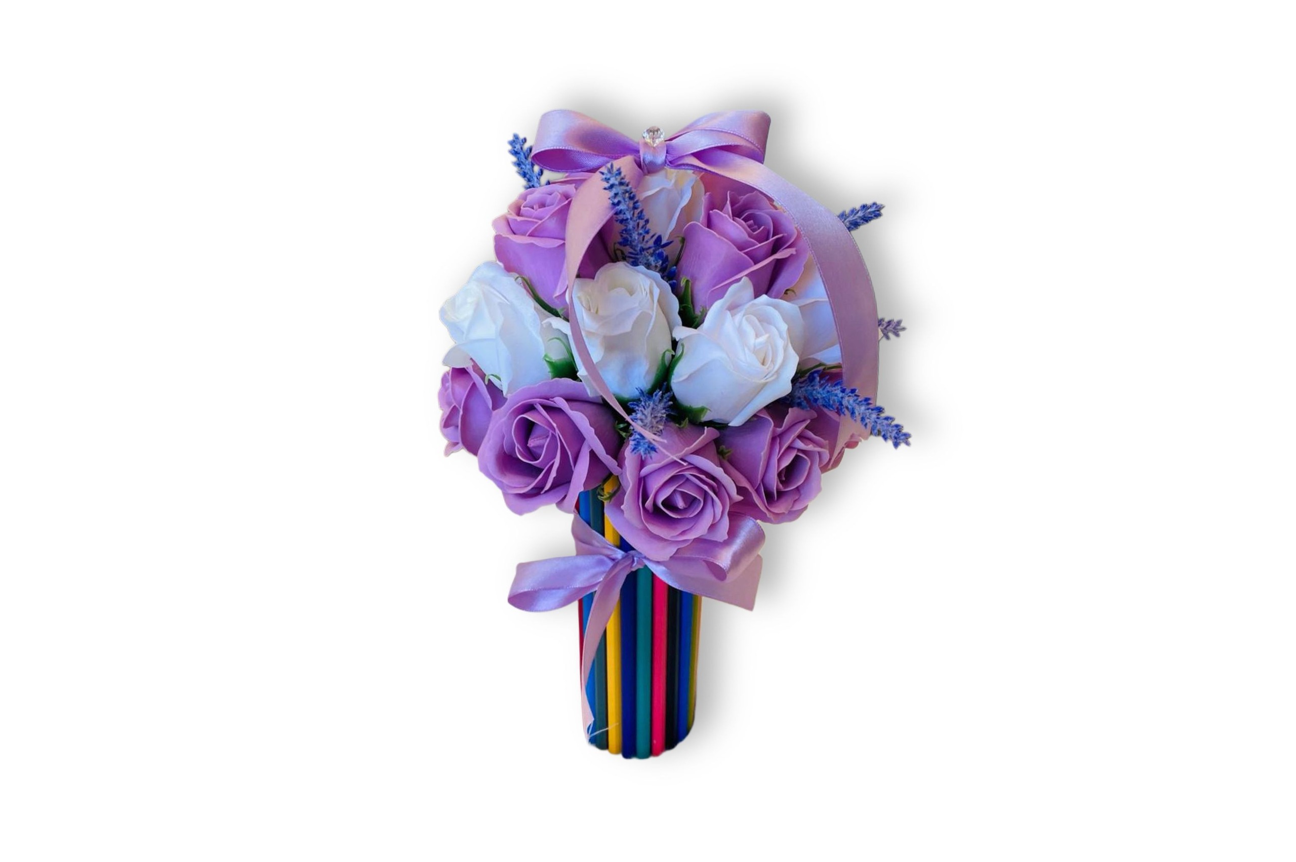 Aranjament cu Creioane Colorate si Trandafiri de Săpun - Accente Mov Elegante - 31Flowers