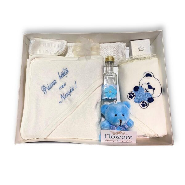 Trusou Botez Baieti cu 7 Piese + Ursulet Cadou Special - Alb-Albastru - 31Flowers