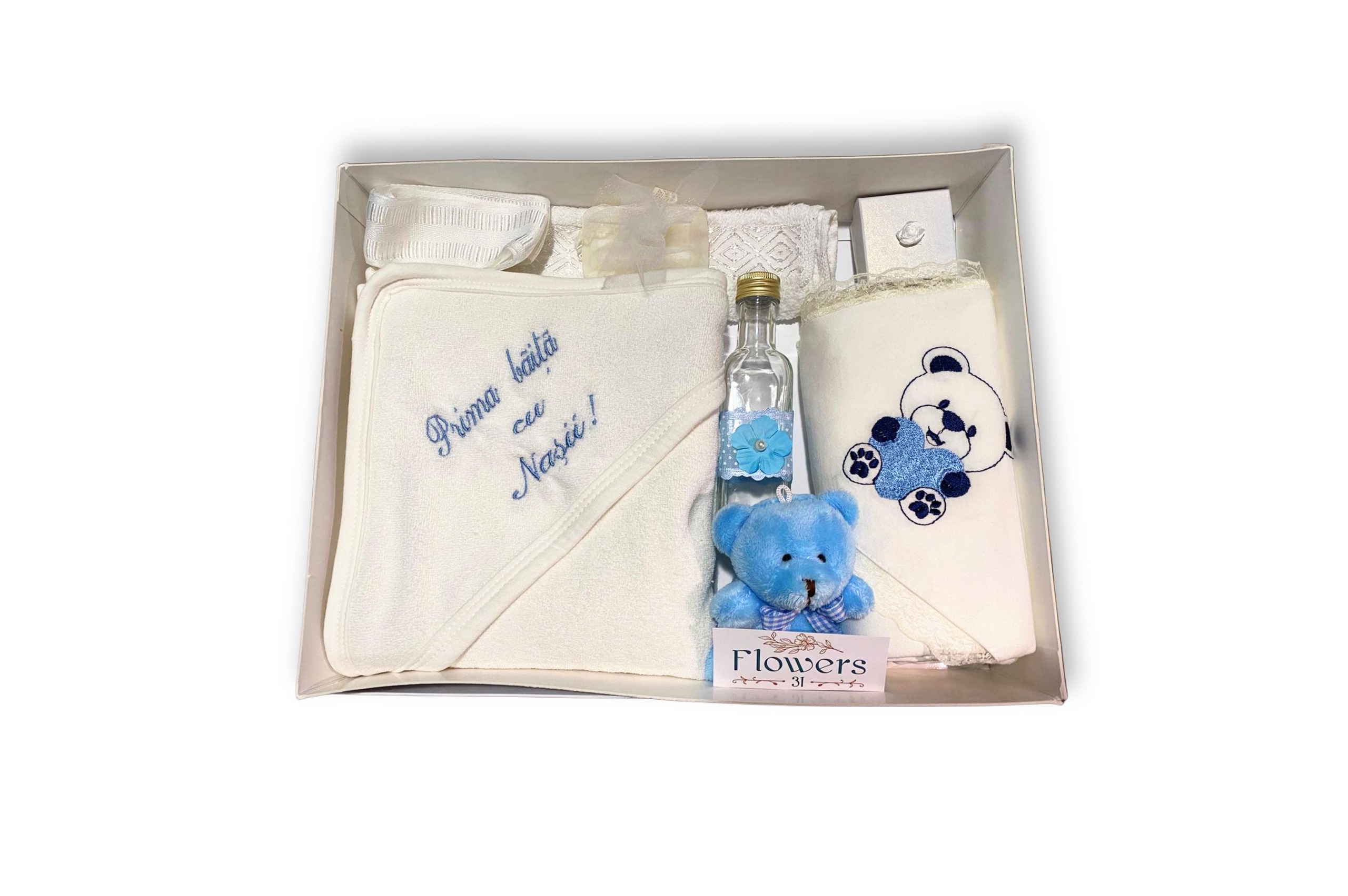 Trusou Botez Baieti cu 7 Piese + Ursulet Cadou Special - Alb-Albastru - 31Flowers