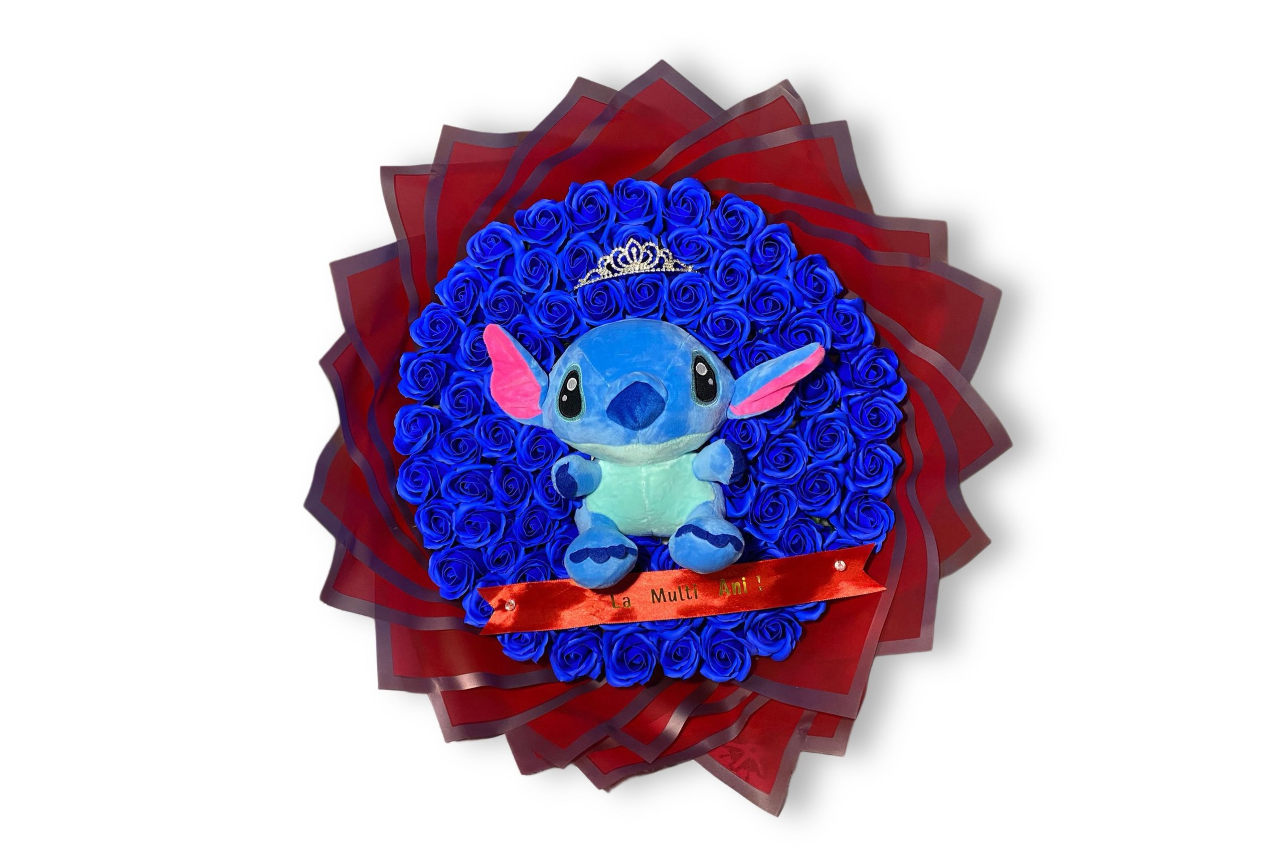Buchet 101 trandafiri de săpun albaștri cu Stitch albastru și mesaj La mulți ani-Flowers31