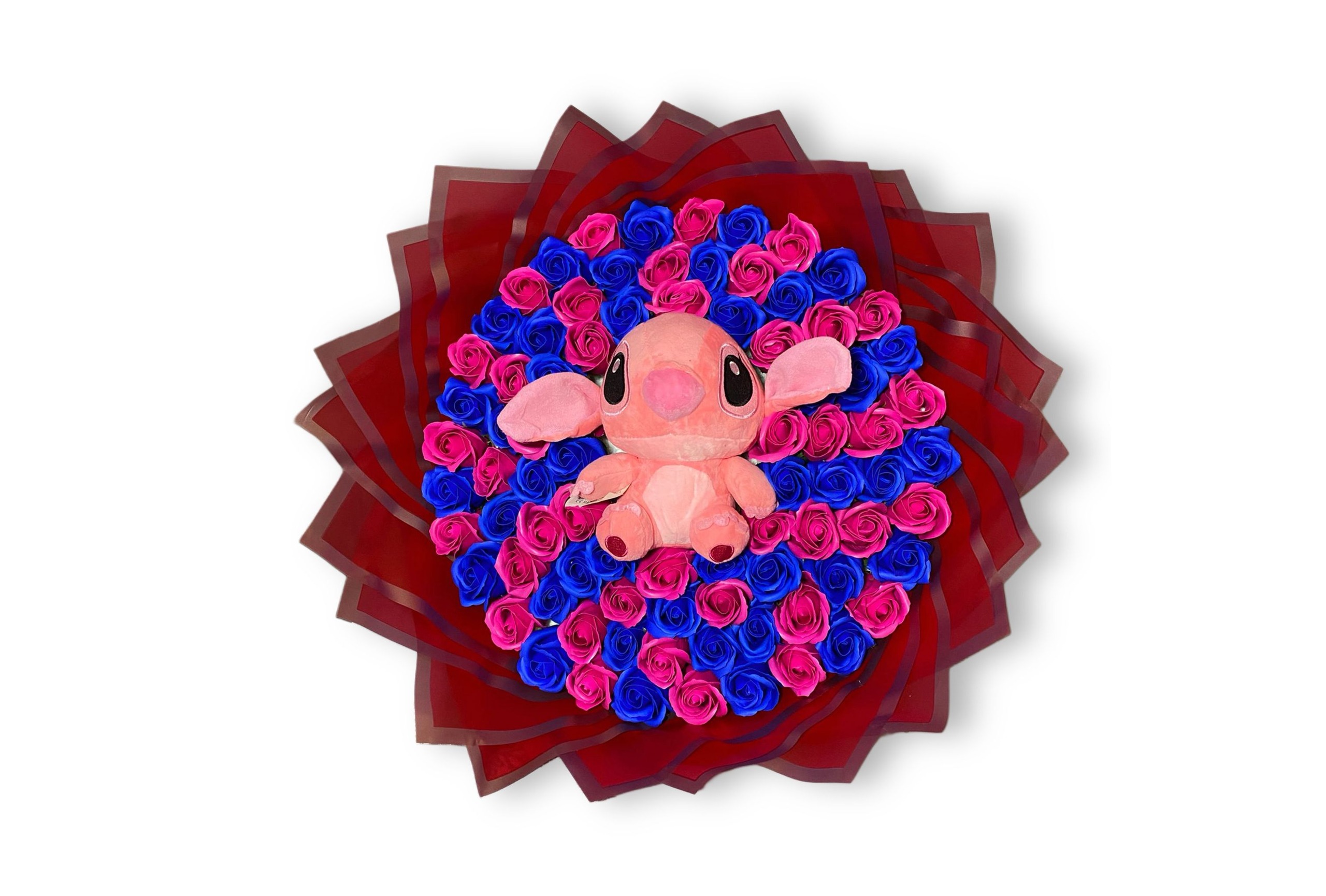 Buchet 101 Trandafiri de săpun Albastru și Roz cu Stitch Roz-Flowers31