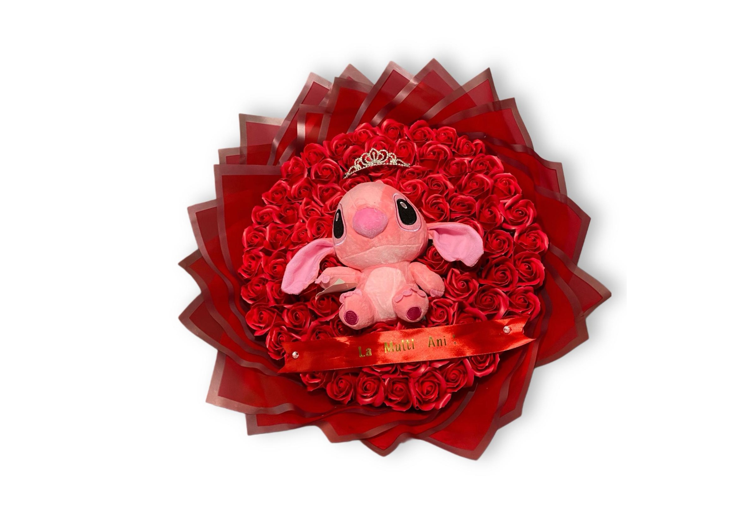 Buchet 101 trandafiri de săpun cu Stitch roz – cadou romantic -Flowers31