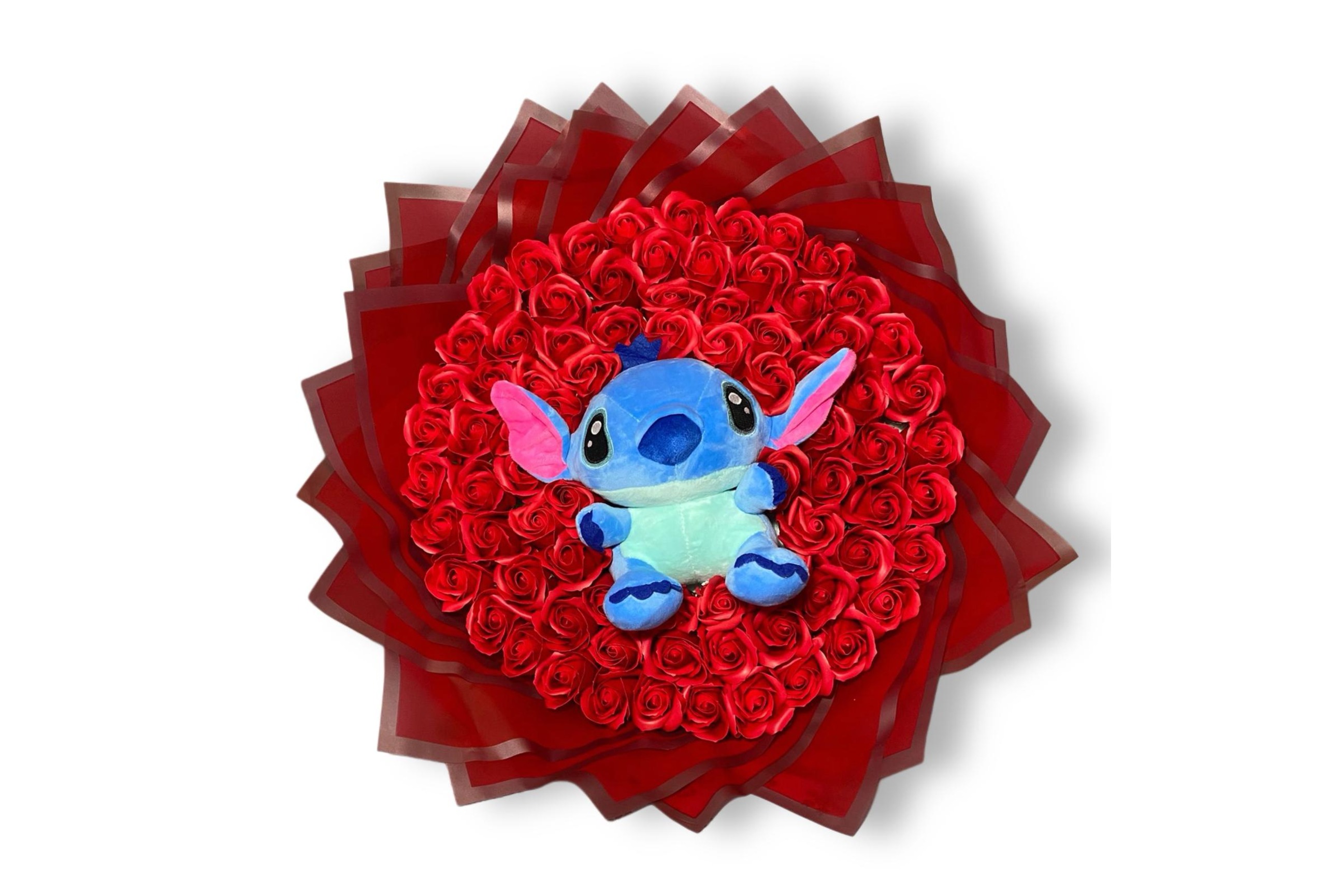 Buchet 101 trandafiri de săpun roșii cu Stitch albastru – cadou romantic-Flowers31