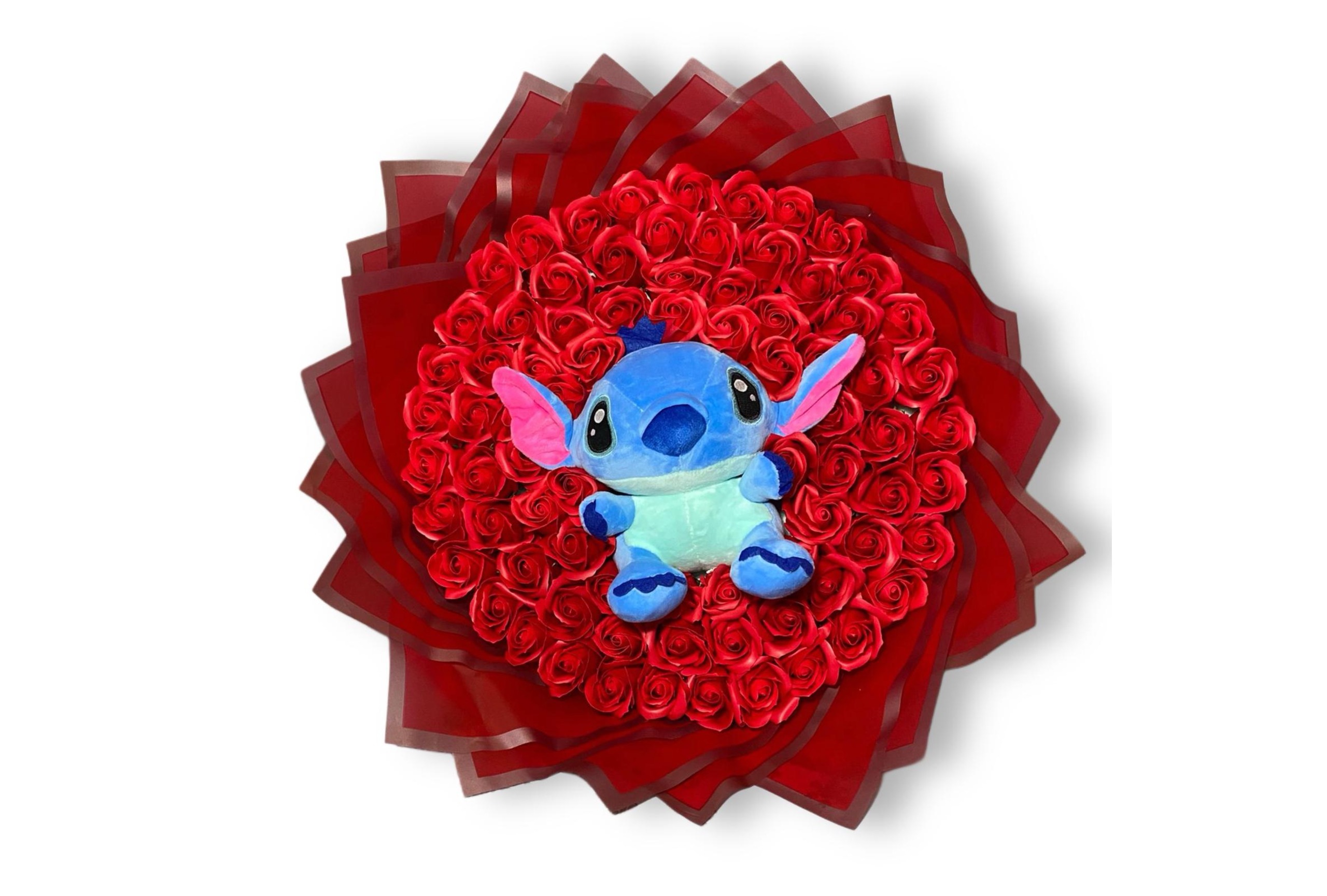 Buchet 101 Trandafiri de Săpun Roșii cu Stitch Albastru – Cadou Romantic Premium-Flowers31