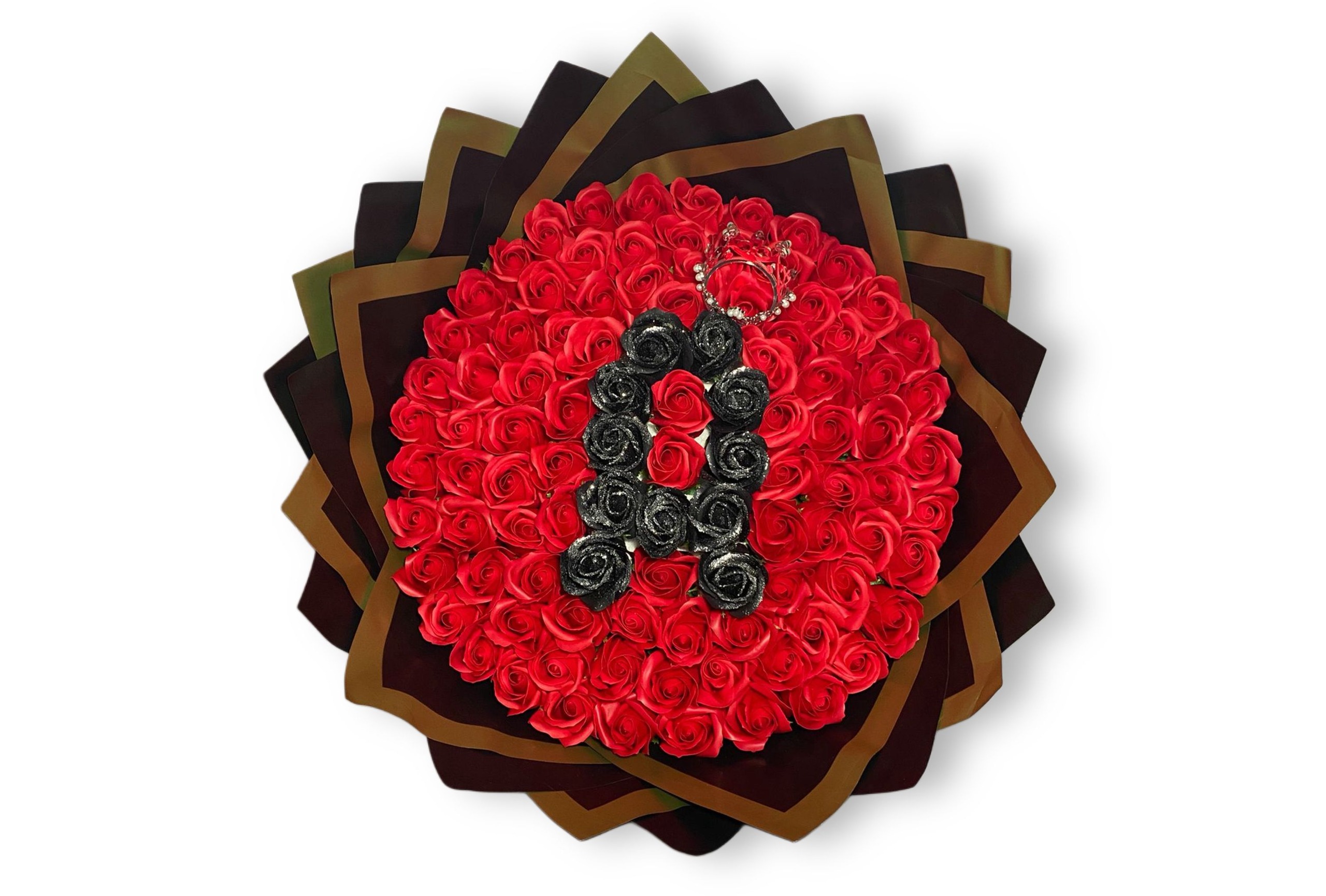 buchet-101-trandafiri-sapun-rosii-personalizat-litera-negru-sclipici-Flowers31