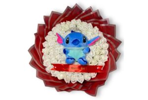 Buchet 101 Trandafiri Săpun Albi cu Stitch Albastru - Cadou Zi de Naștere-Flowers31