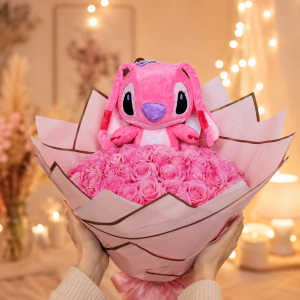 buchet-55-trandafiri-sapun-roz-cu-jucarie-stitch-roz-angel-Flowers31