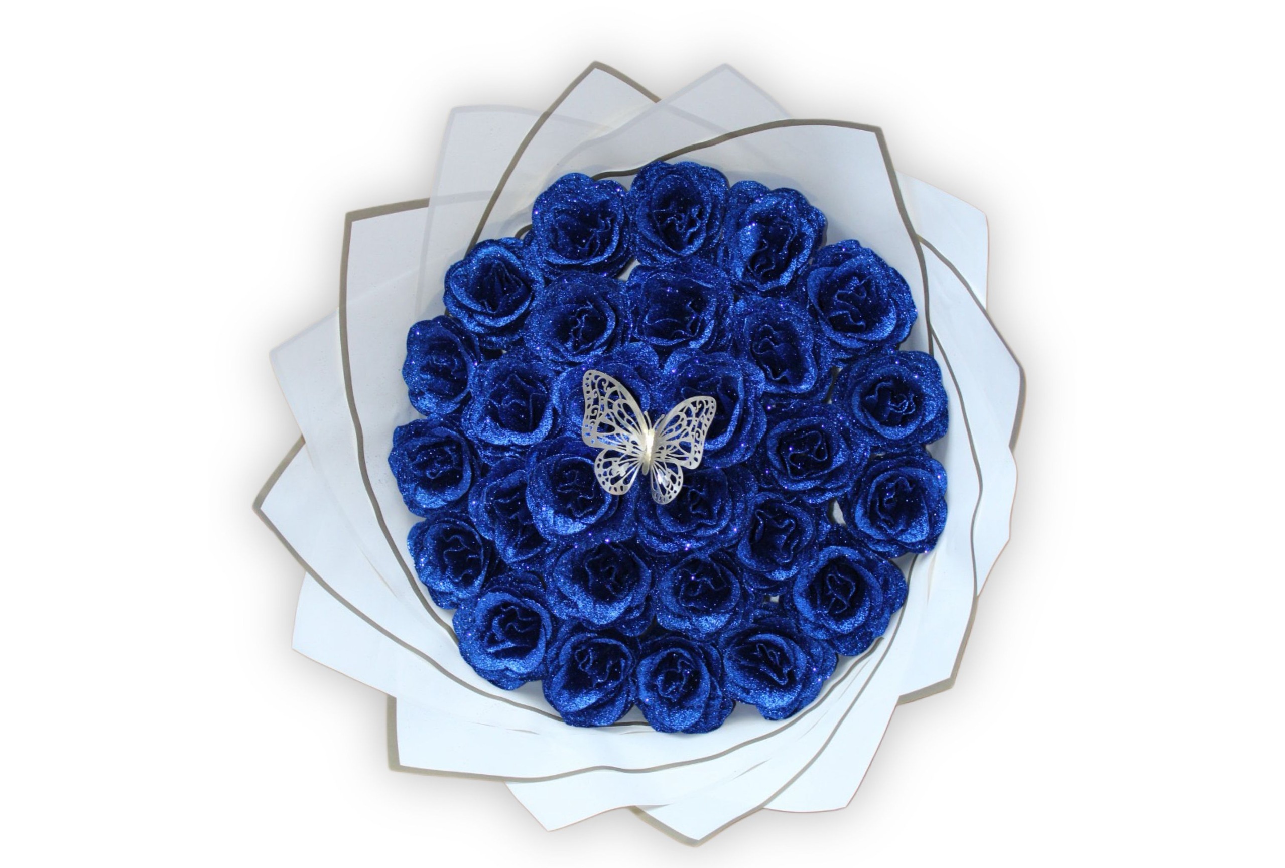 buchet-29-trandafiri-albastru-imperial-glittery-blue-sclipici-fluture-Flowers31