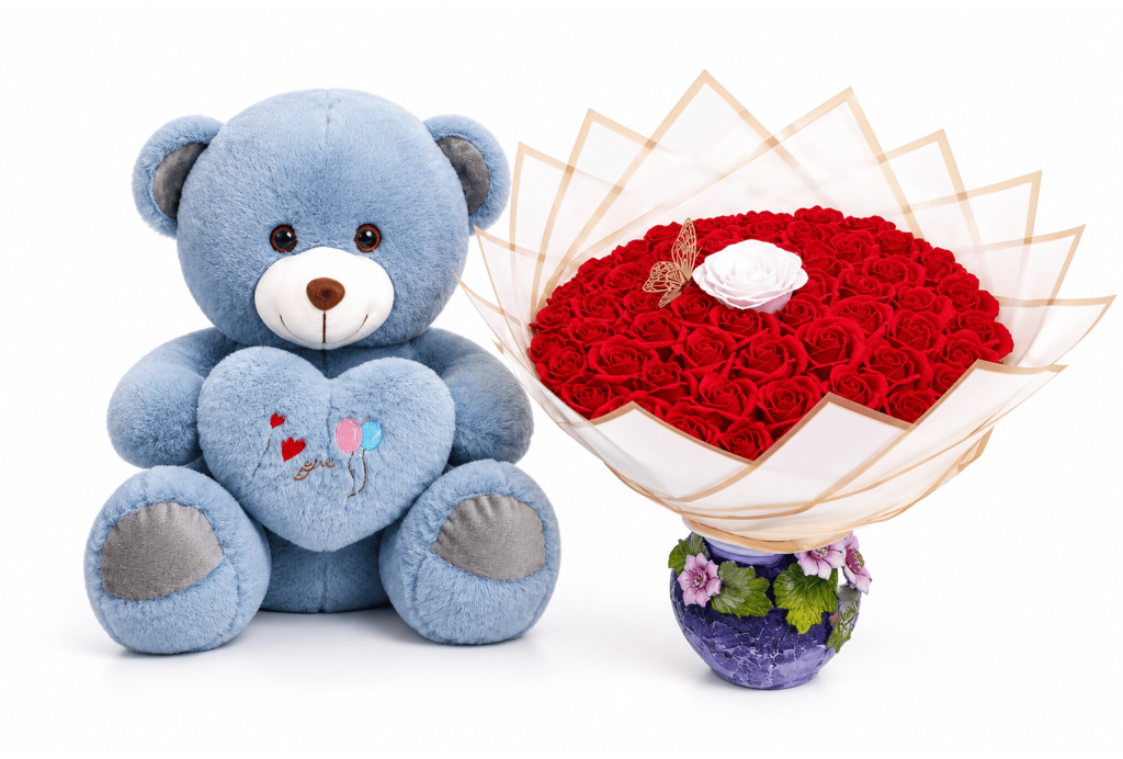 Set Cadou cu Ursuleț de Pluș și Buchet din 55 Trandafiri de Săpun – Cadou Romantic pentru Ea - 31Flowers