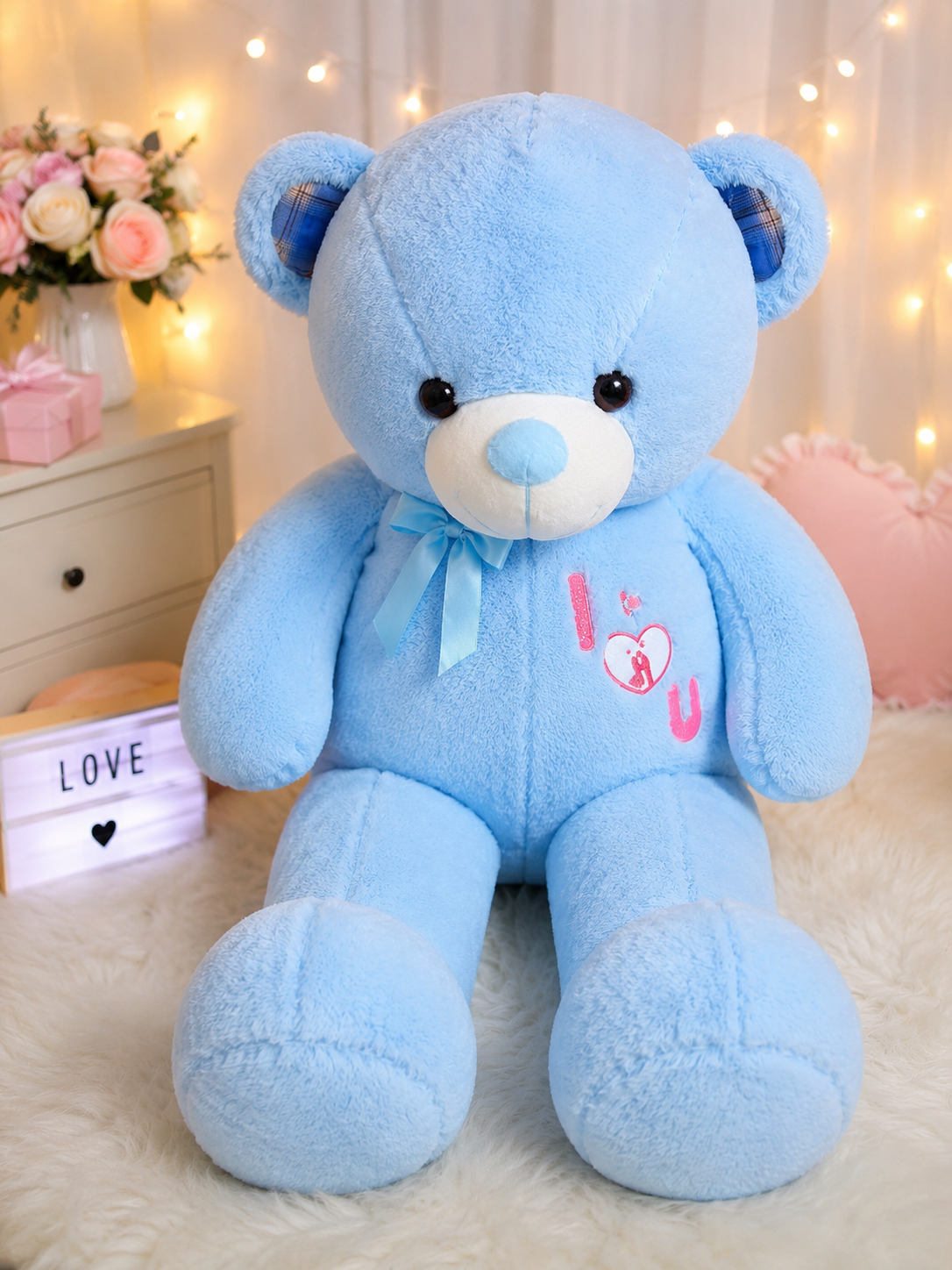 Ursuleț Gigant Blue I Love You 85 cm – Pluș Pufos Catifelat - 31Flowers