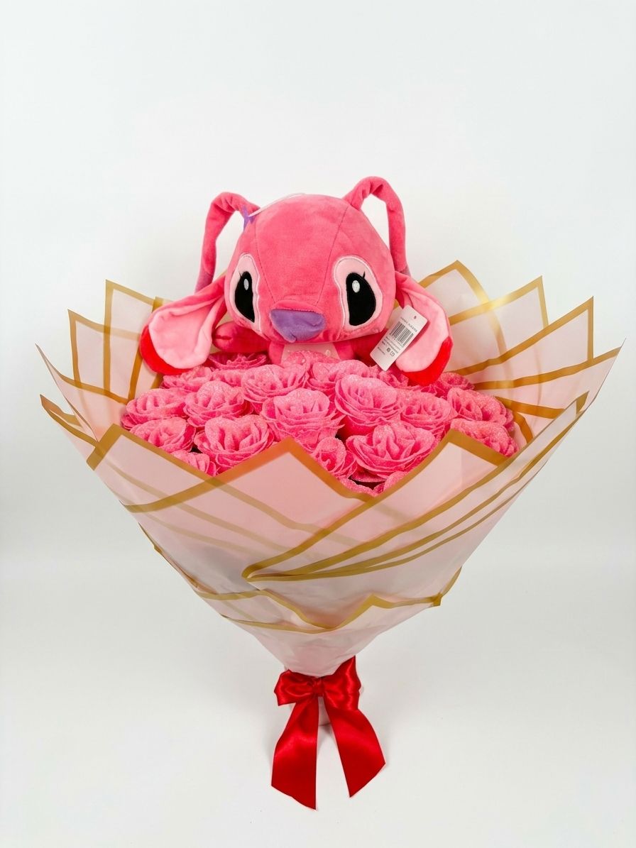 Buchet 25 Trandafiri Imperiali cu Stitch Roz Angel-Flowers31