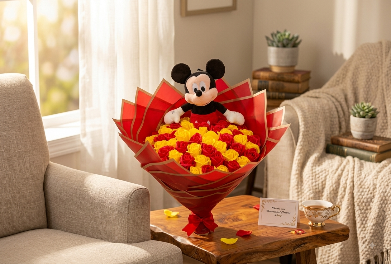 Buchet 55 Trandafiri de Săpun cu Mickey Mouse – Cadou Special pentru Ea-Flowers31