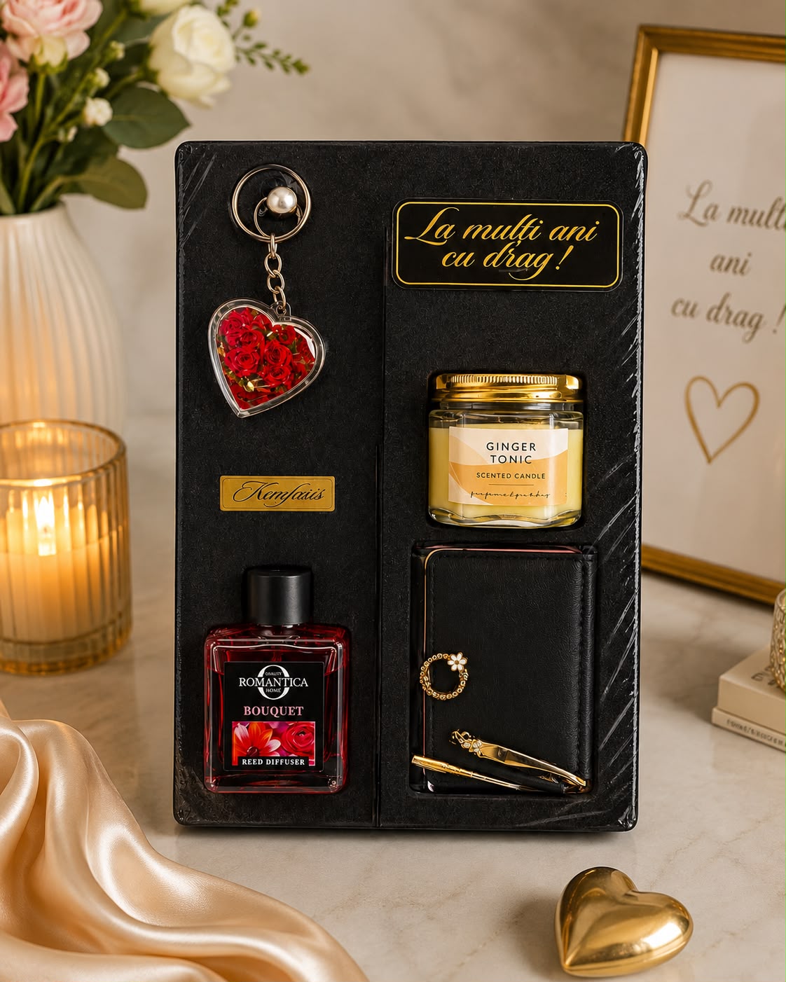 Set Cadou Elegant pentru Femei cu Portofel și Lumânare-Cadou -Flowers31