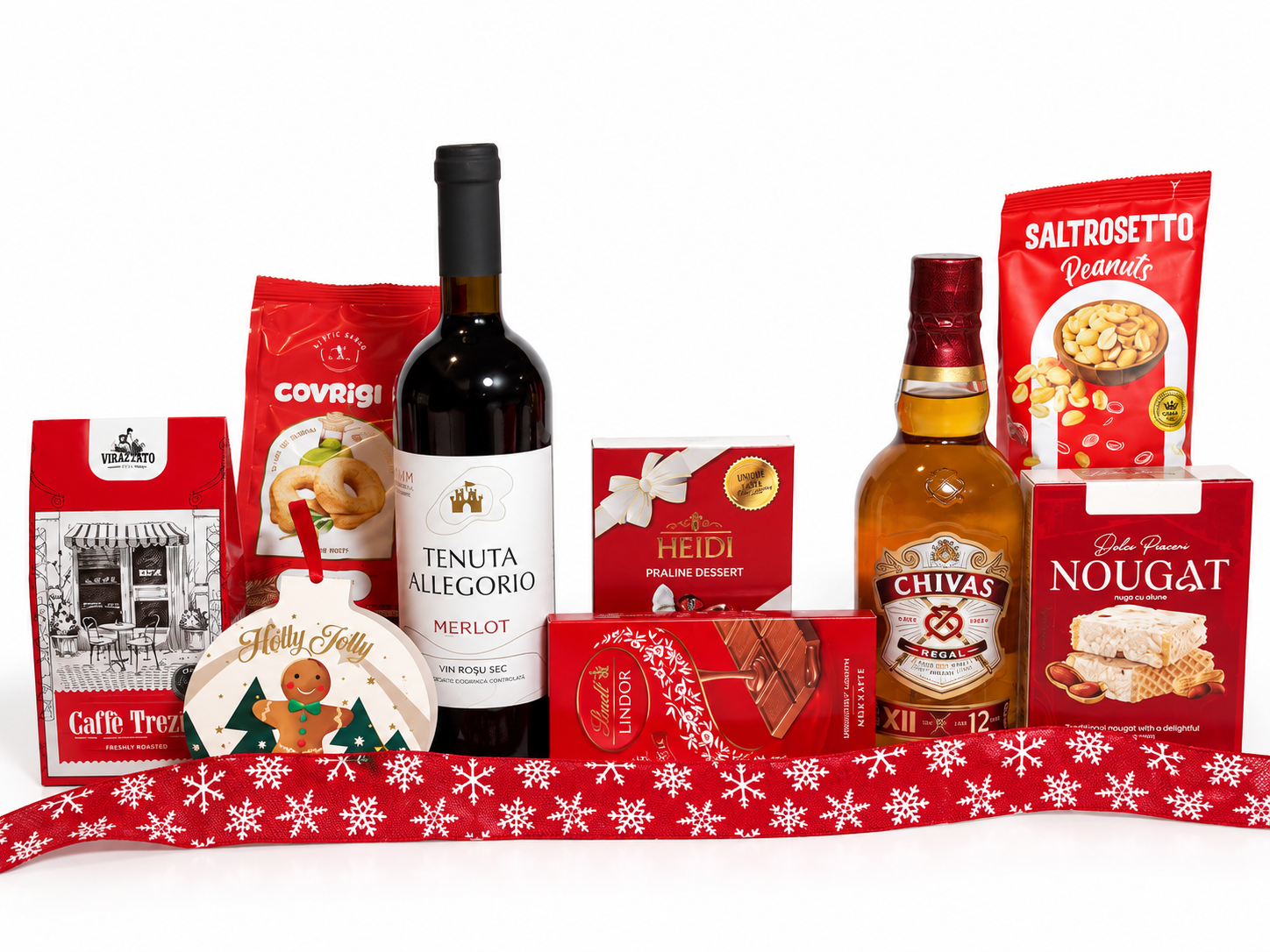 Coș Cadou de Crăciun cu Whisky Chivas Regal 12 Ani, Vin Merlot și Dulciuri Fine – Cadou Elegant - Flowers31