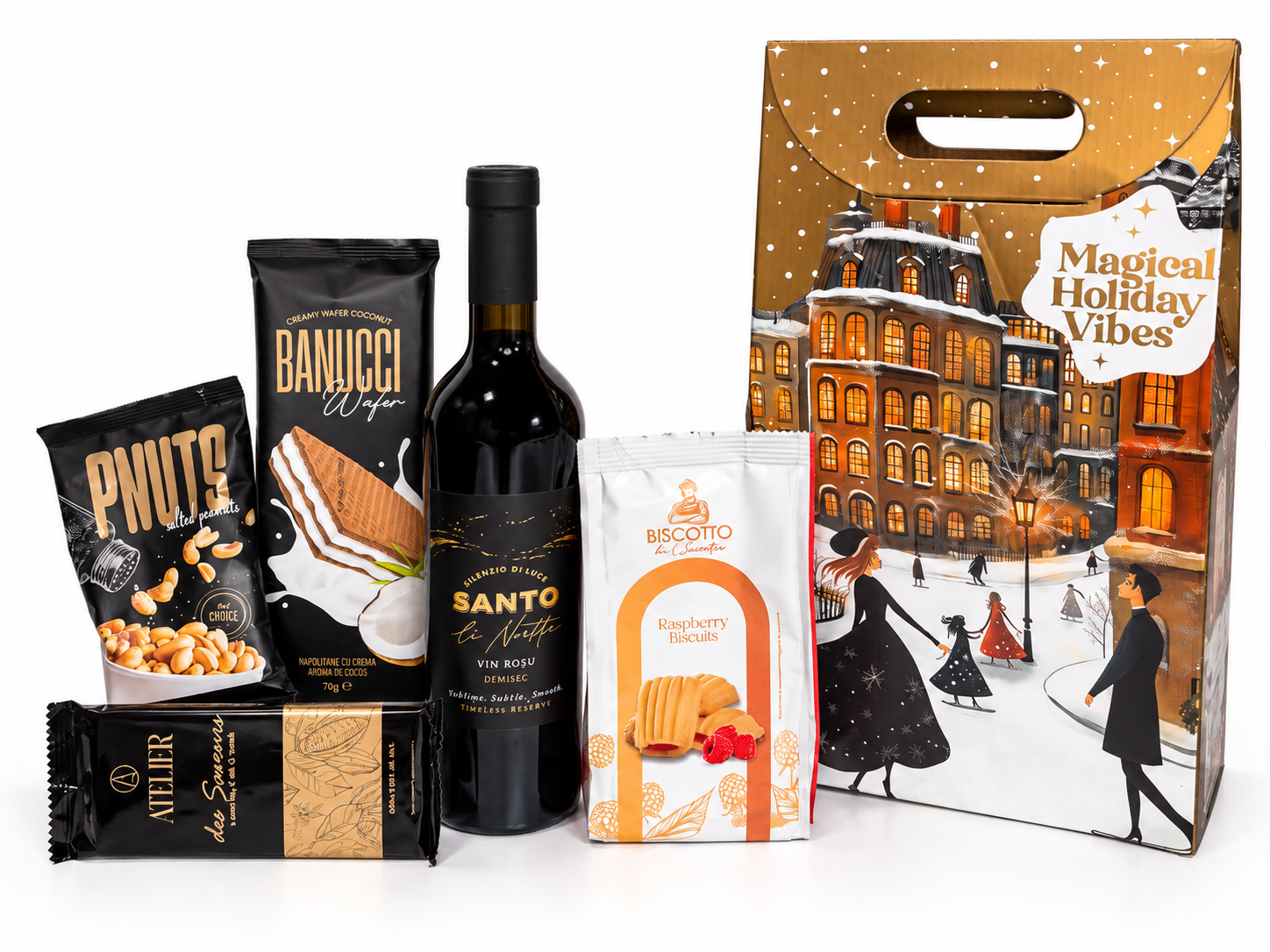 Coș Cadou de Crăciun cu Vin, Praline și Dulciuri Fine – Cadou Elegant pentru Familie și Prieteni - 31Flowers