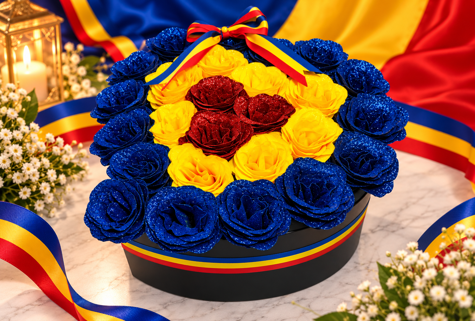 Aranjament Tricolor Inima 25 Trandafiri Imperiali cu Sclipici - Flowers31