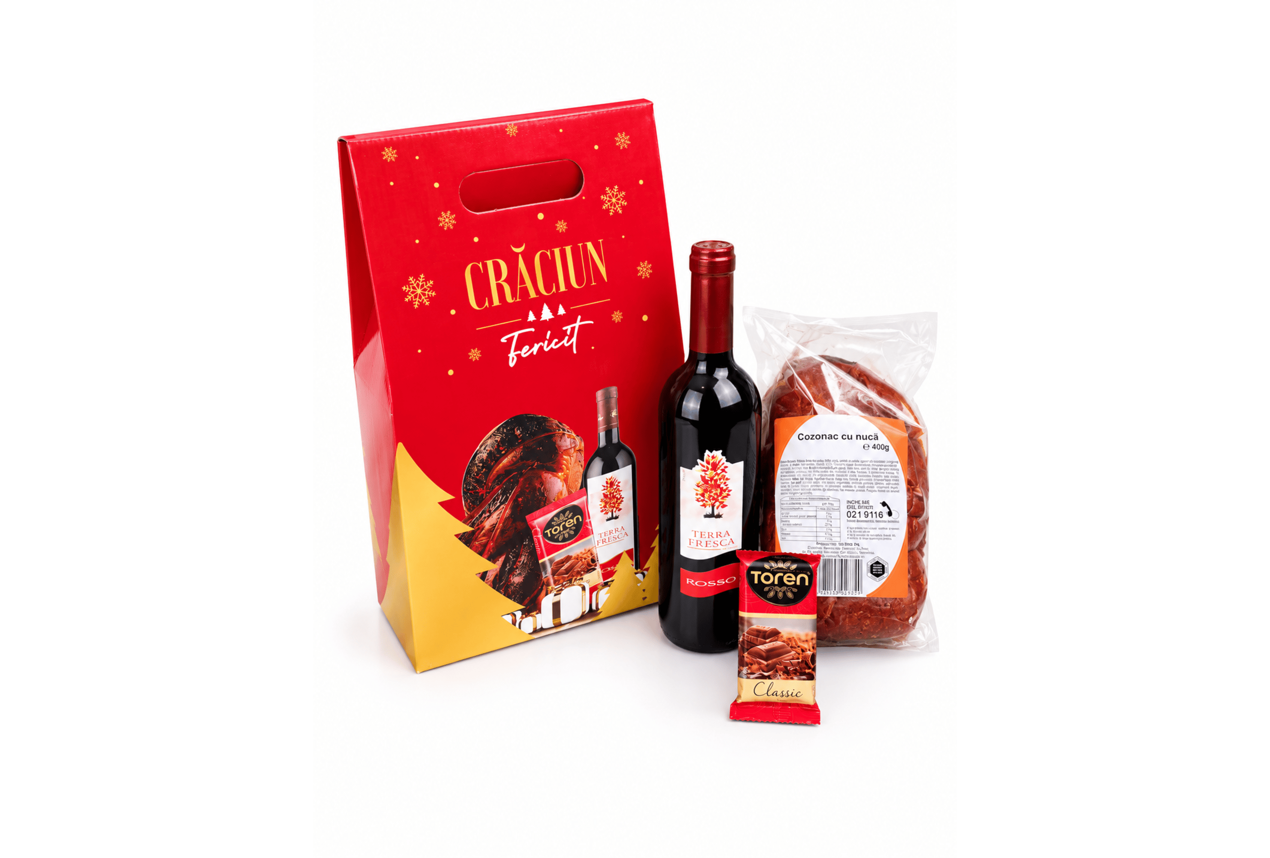 Pachet Cadou de Crăciun cu Vin Roșu, Cozonac cu Nucă și Ciocolată – Crăciun Fericit - Flowers31