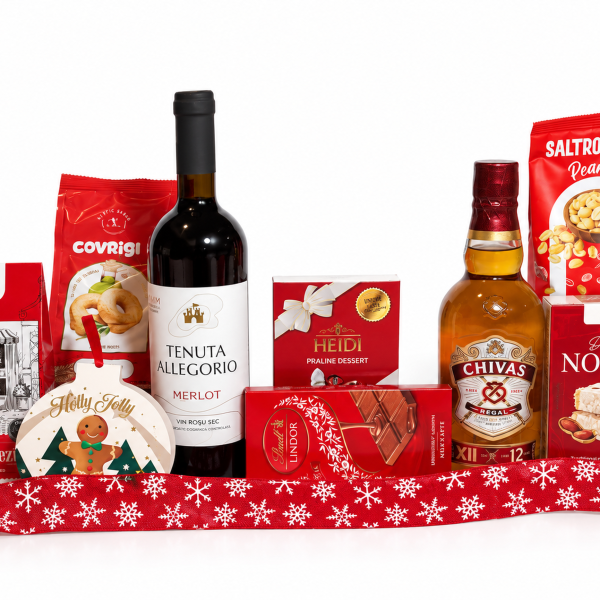 Coș Cadou de Crăciun cu Whisky Chivas Regal 12 Ani, Vin Merlot și Dulciuri Fine – Cadou Elegant - Flowers31