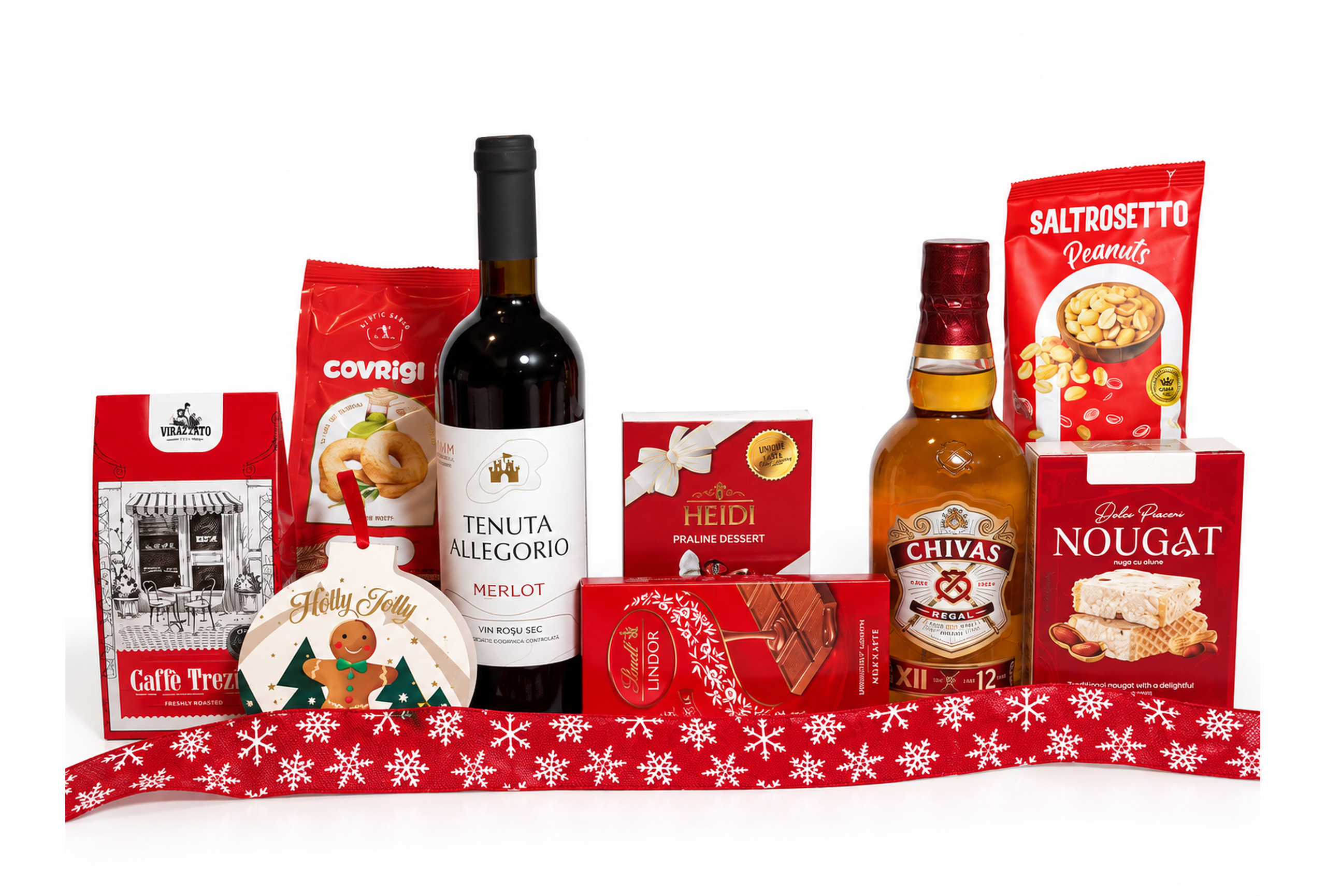 Coș Cadou de Crăciun cu Whisky Chivas Regal 12 Ani, Vin Merlot și Dulciuri Fine – Cadou Elegant - Flowers31