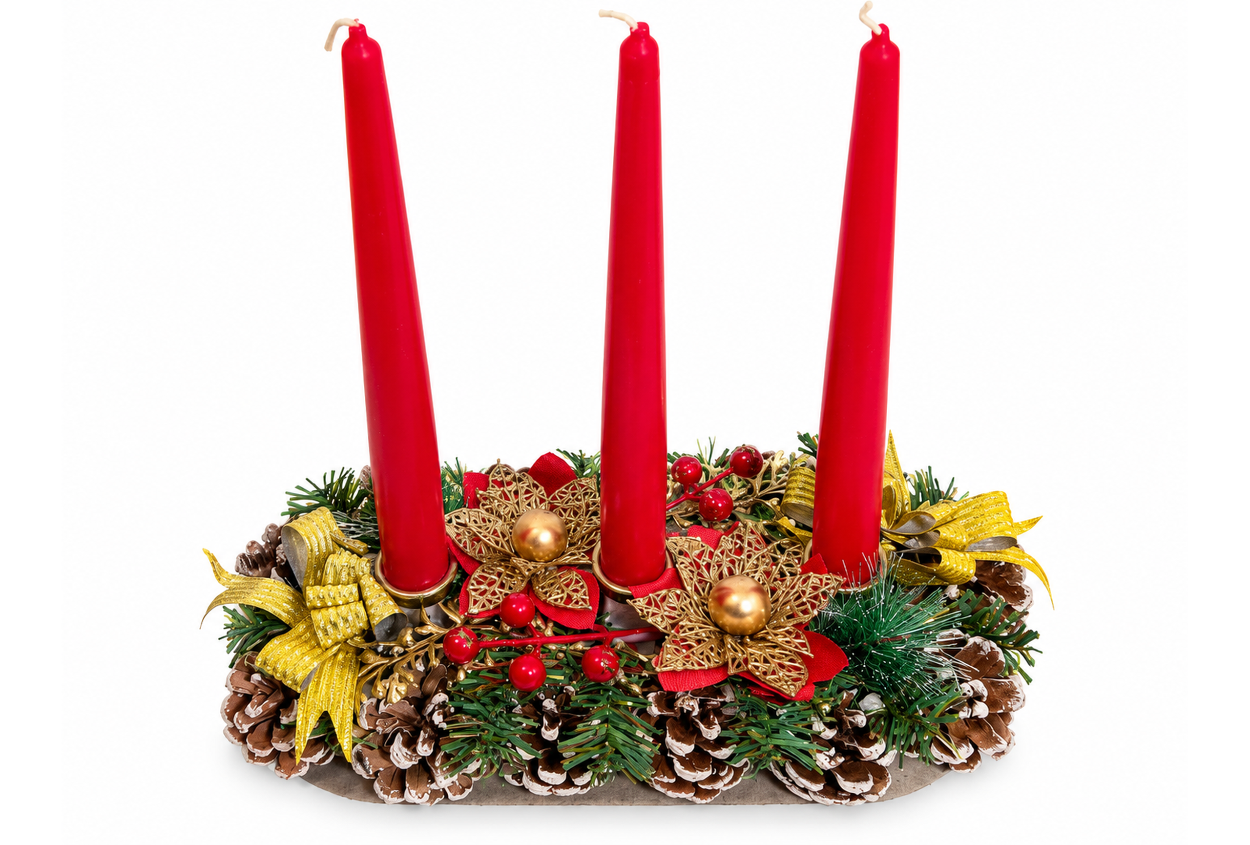 Aranjament Masă Crăciun cu 3 Lumânări Înalte – Eleganță Festivă - Flowers31