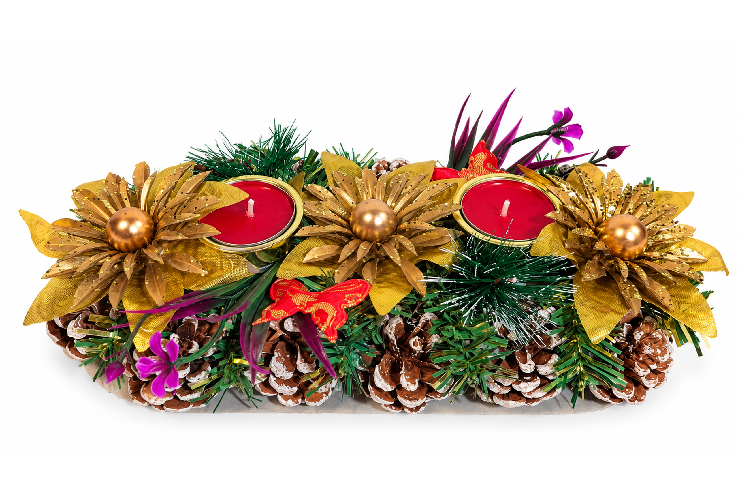 Aranjament Masă Crăciun cu 2 Lumânări Roșii – Eleganță Aurie - Flowers31
