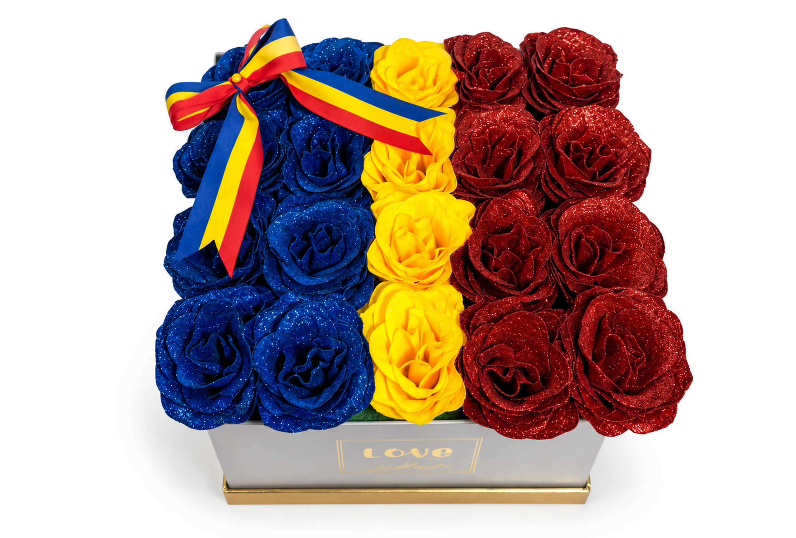 Aranjament Tricolor 24 Trandafiri Imperiali cu Sclipici - Flowers31