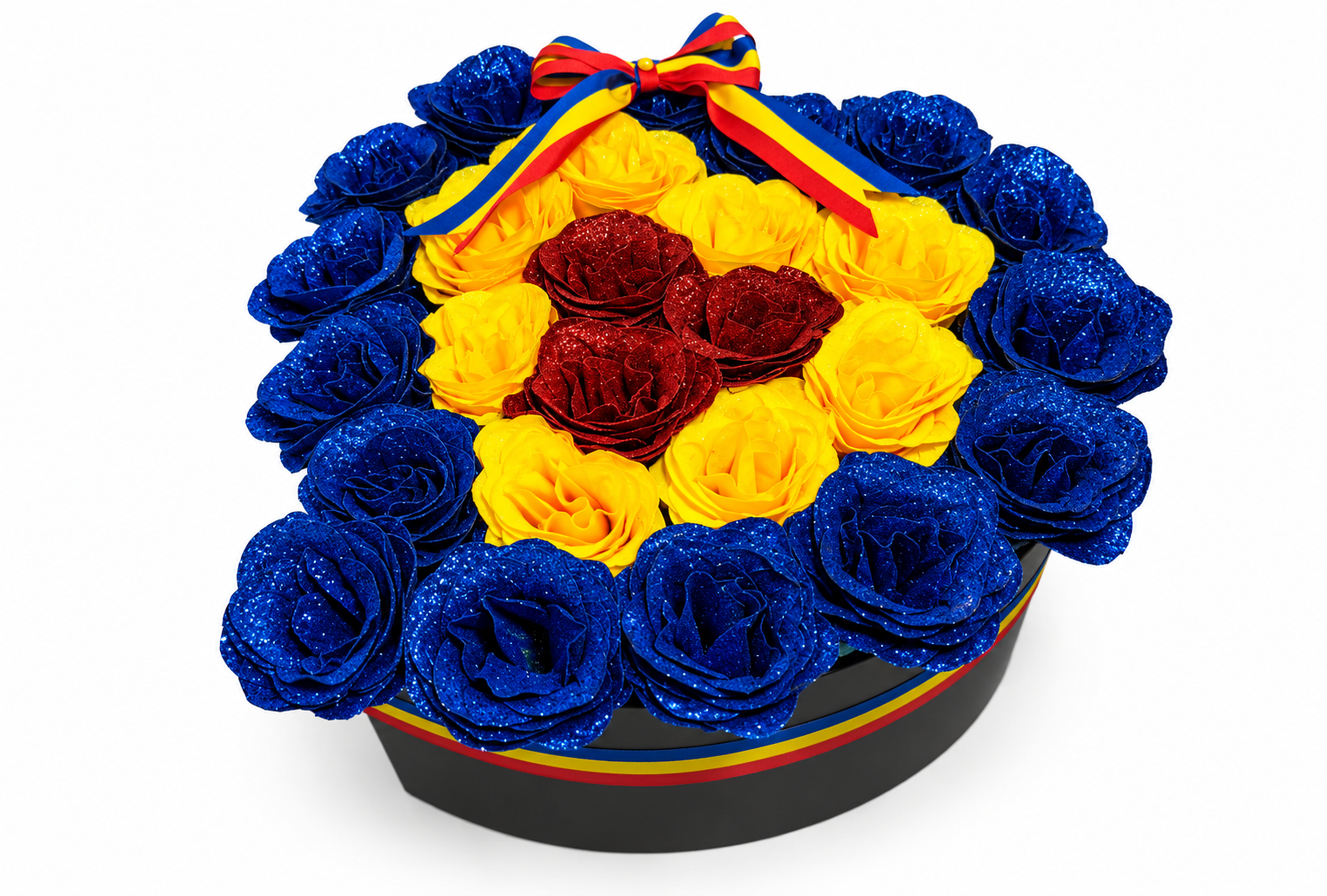 Aranjament Tricolor Inima 25 Trandafiri Imperiali cu Sclipici - Flowers31