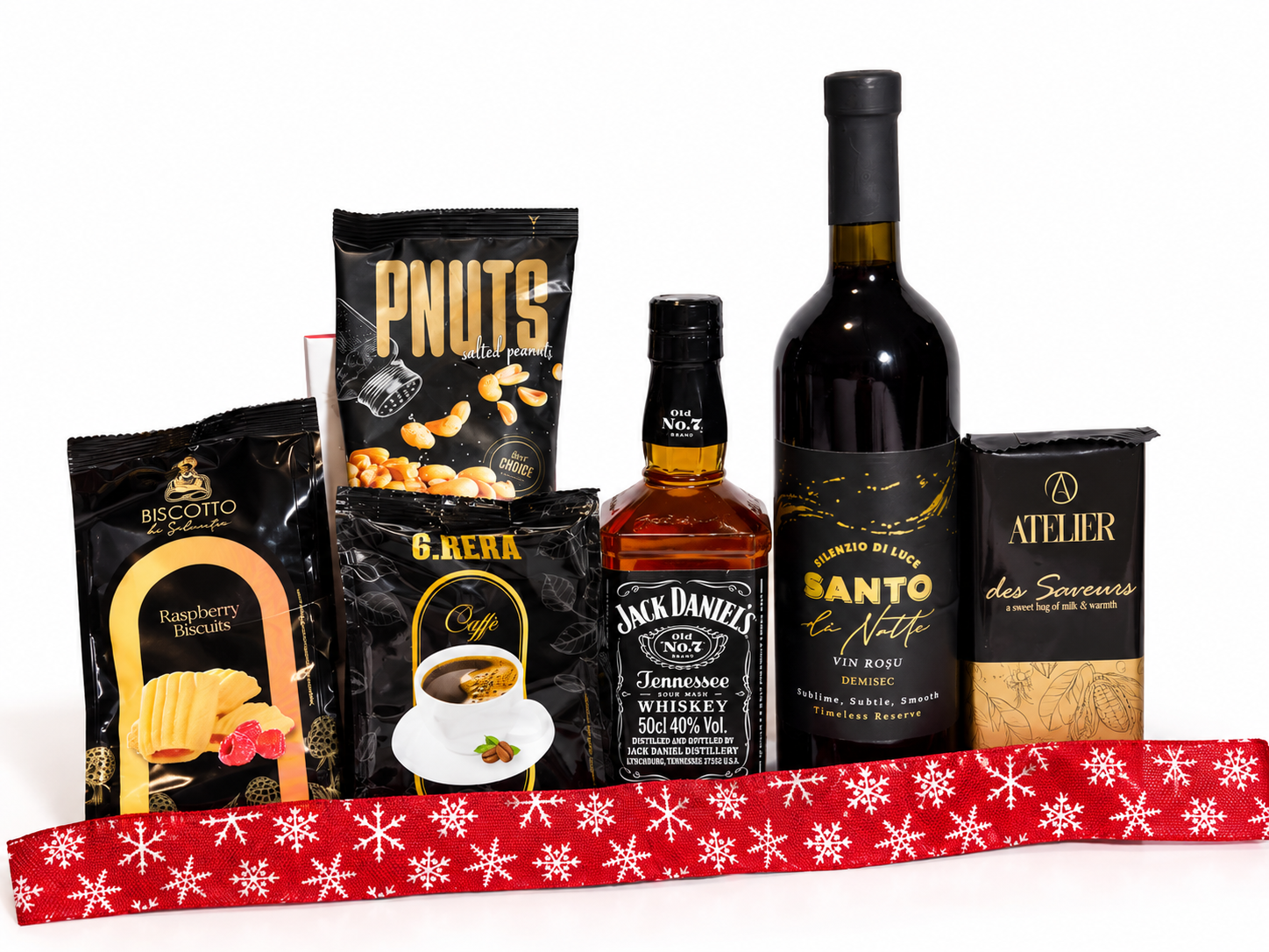 Coș Cadou de Crăciun cu Whisky Jack Daniel’s, Vin Roșu și Dulciuri Fine – Cadou Elegant - Flowers31