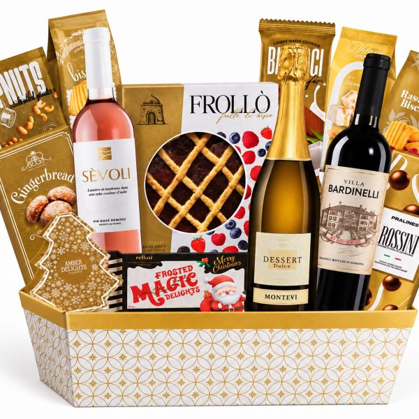 Coș Cadou de Crăciun Gold Christmas cu 3 Vinuri, Praline și Dulciuri Fine – Cadou Elegant - Flowers31