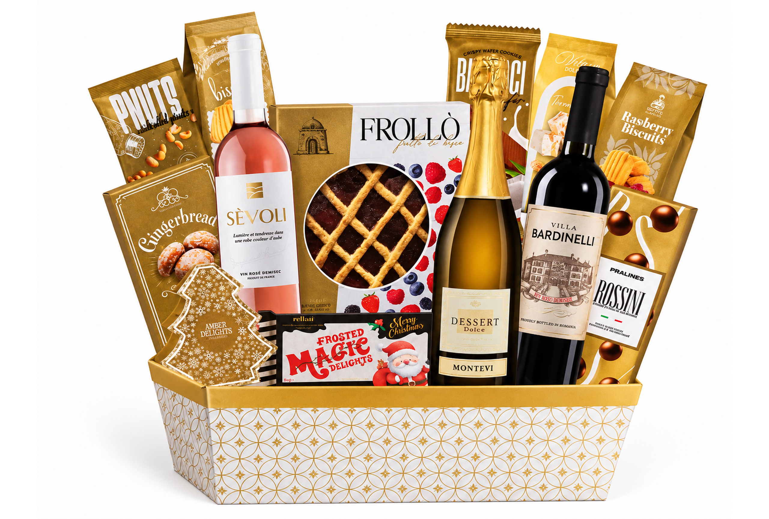 Coș Cadou de Crăciun Gold Christmas cu 3 Vinuri, Praline și Dulciuri Fine – Cadou Elegant - Flowers31