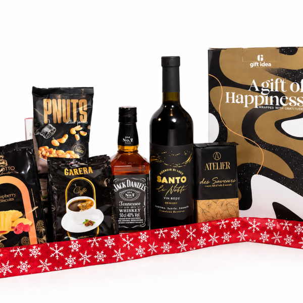 Coș Cadou de Crăciun cu Whisky Jack Daniel’s, Vin Roșu și Dulciuri Fine – Cadou Elegant - Flowers31