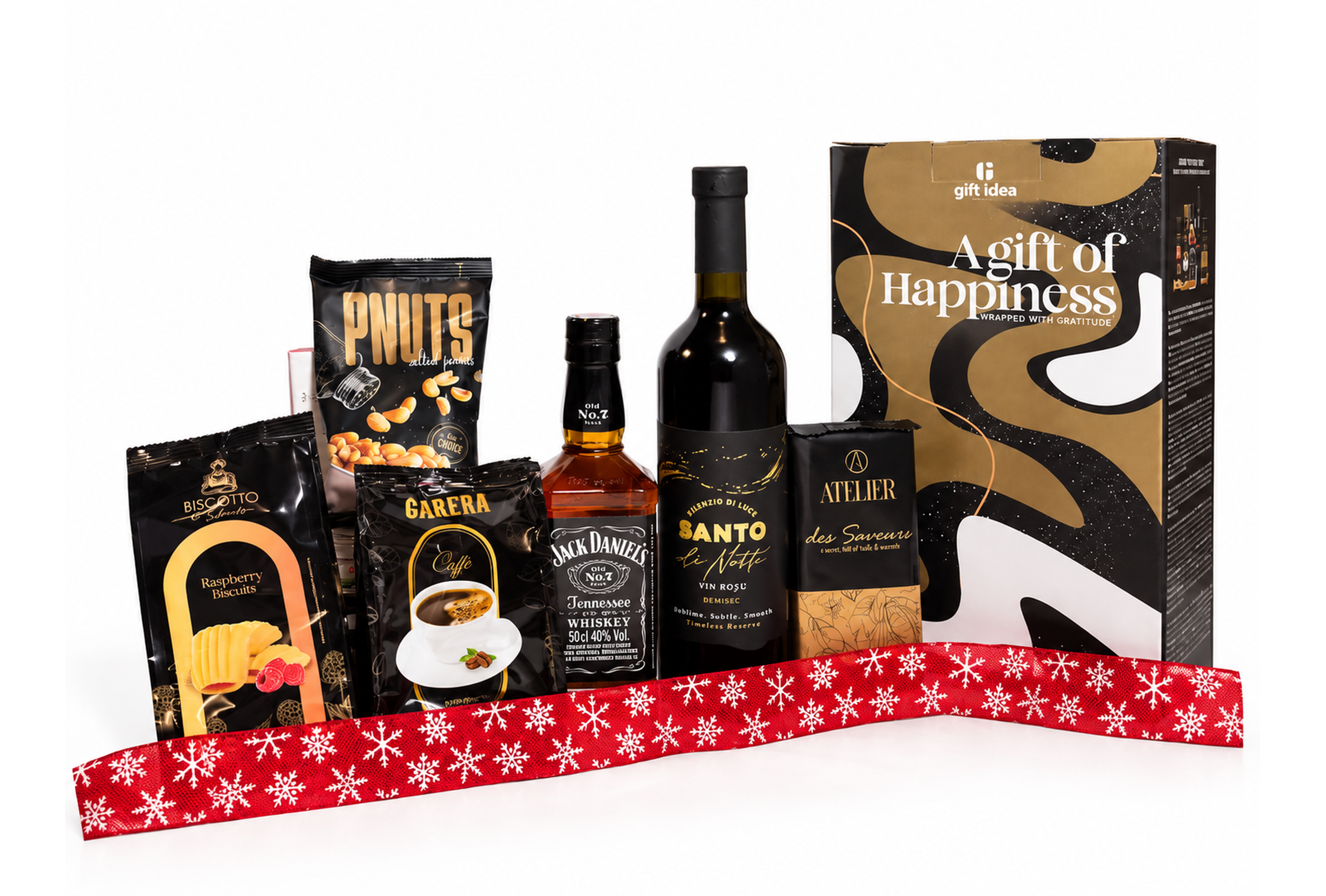 Coș Cadou de Crăciun cu Whisky Jack Daniel’s, Vin Roșu și Dulciuri Fine – Cadou Elegant - Flowers31