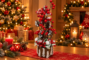 Decoratiune Crăciun cu Merisoare Roșii și Conuri de Brad – Farmecul Iernii - Flowers31