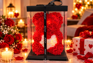 Ursuleț din Trandafiri de Săpun cu LED și Inimă Luminoasă – Cadou Romantic - Flowers31