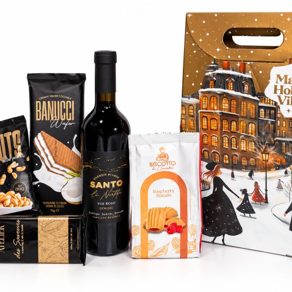 Coș Cadou de Crăciun cu Vin, Praline și Dulciuri Fine – Cadou Elegant pentru Familie și Prieteni - 31Flowers
