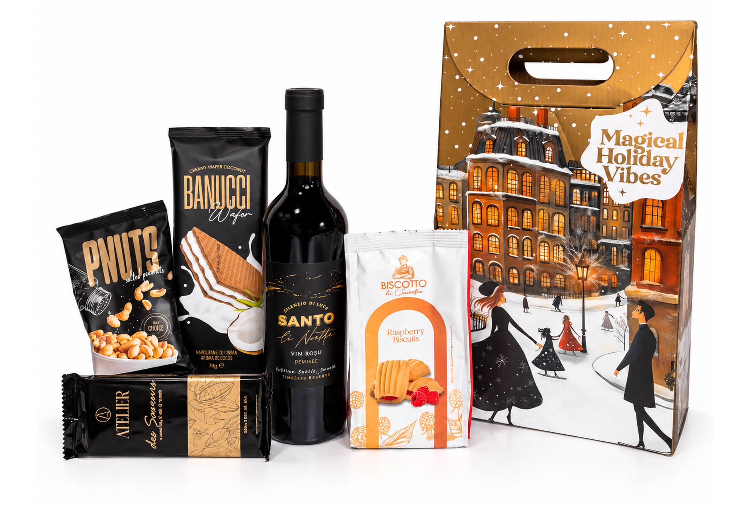 Coș Cadou de Crăciun cu Vin, Praline și Dulciuri Fine – Cadou Elegant pentru Familie și Prieteni - 31Flowers