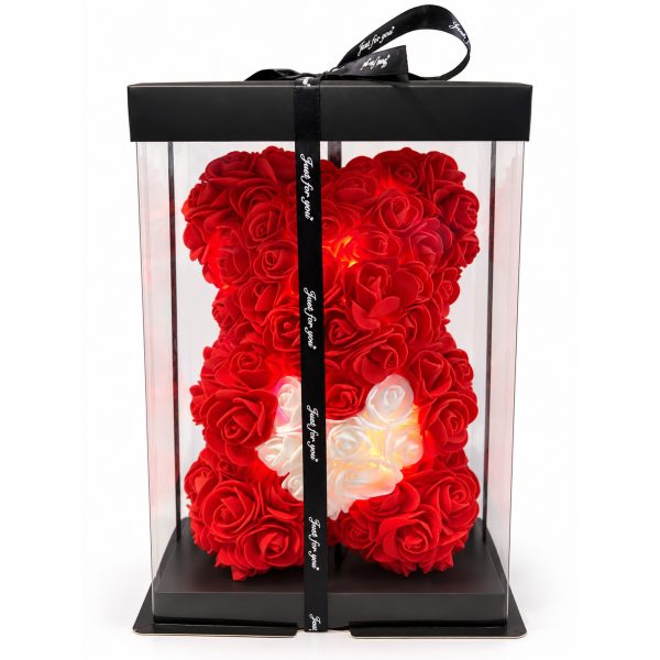 Ursuleț din Trandafiri de Săpun cu LED și Inimă Luminoasă – Cadou Romantic - Flowers31